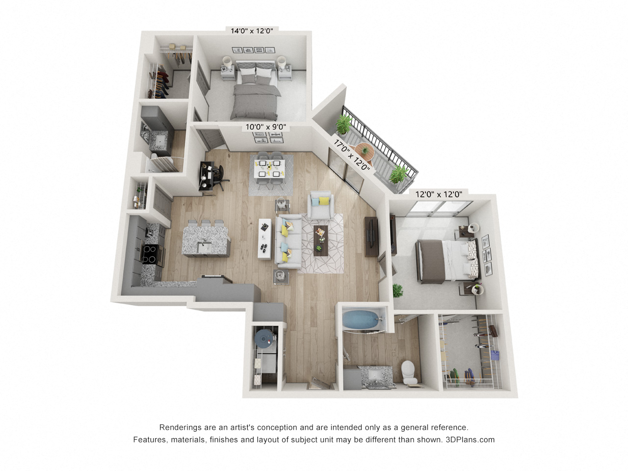 Floor plan for 2 beds, 2 baths, 1188 sqft
